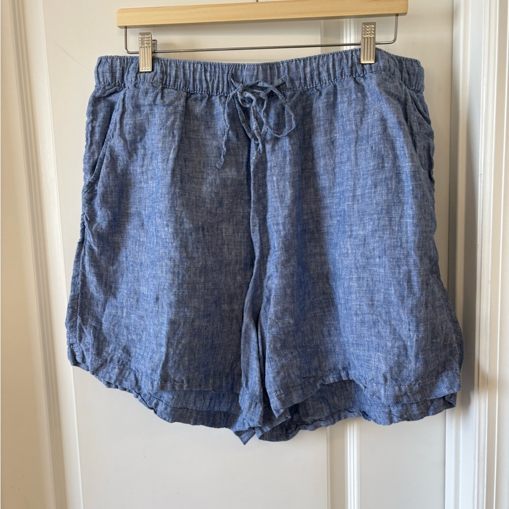 Tahari 1X 100% Linen Pull On Shorts Blue Elastic Waist Drawstring Lightweight